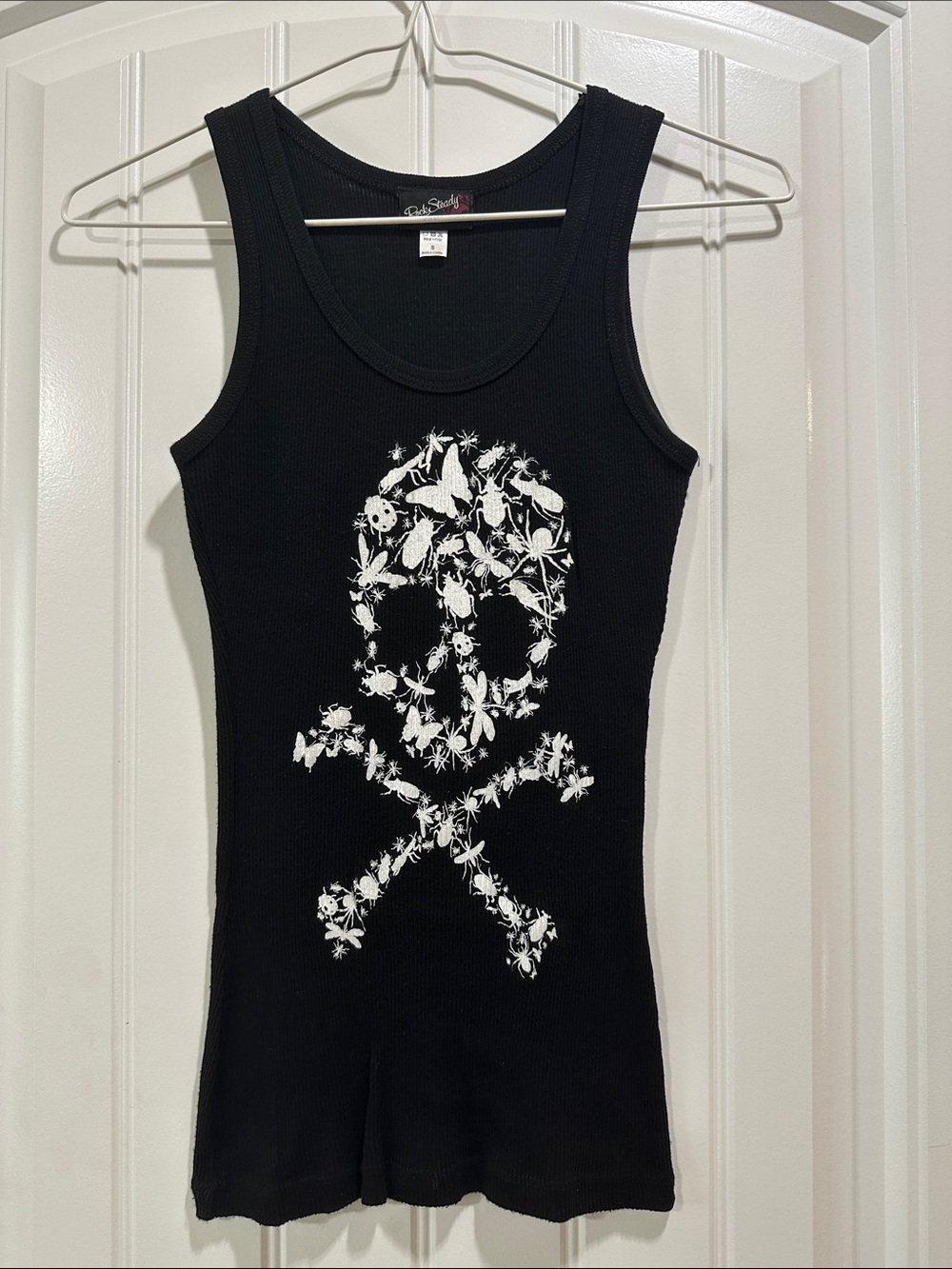 Rock Steady Black Ribbed Tank with White Insect Skull Design